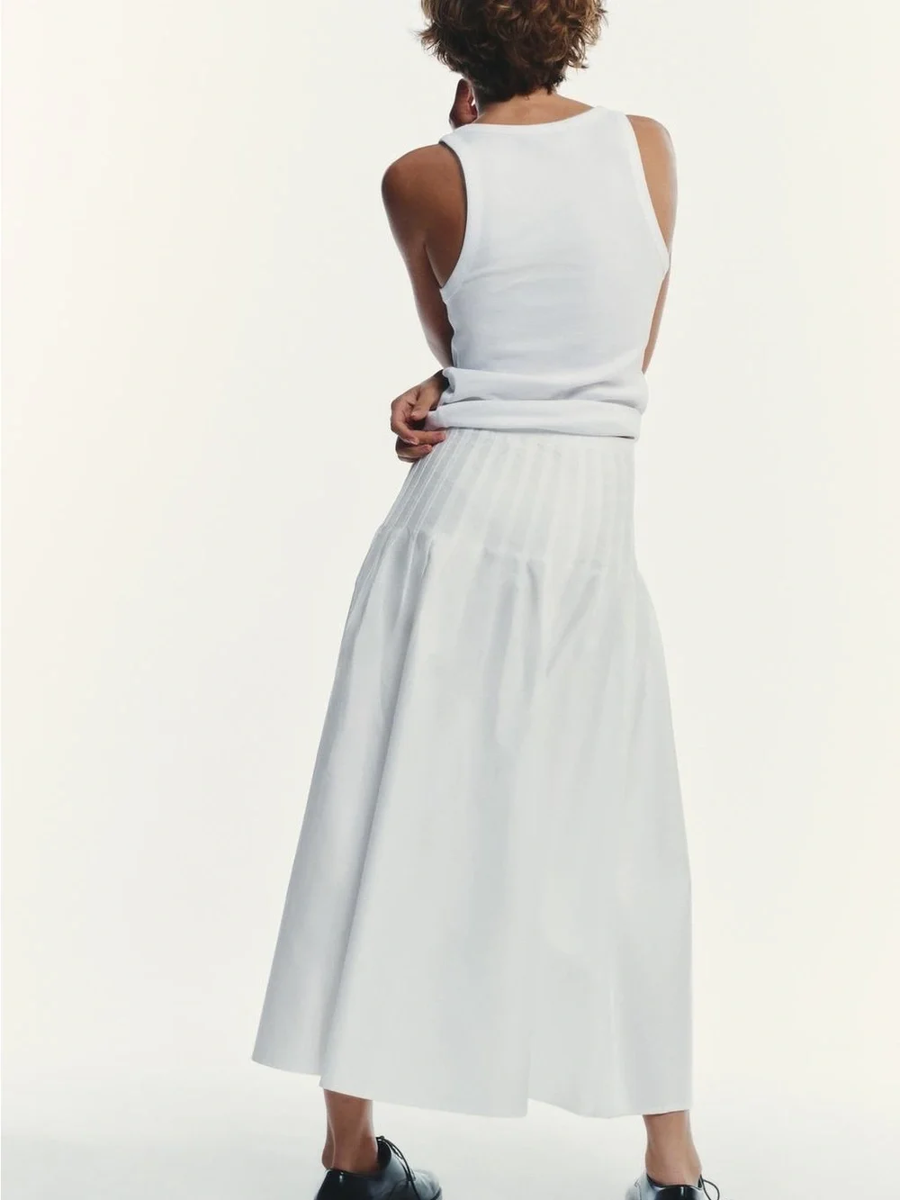 NWT Zara 100% Cotton White Pleated Flowy Midi Skirt Sz M Minimalist Clean July 4